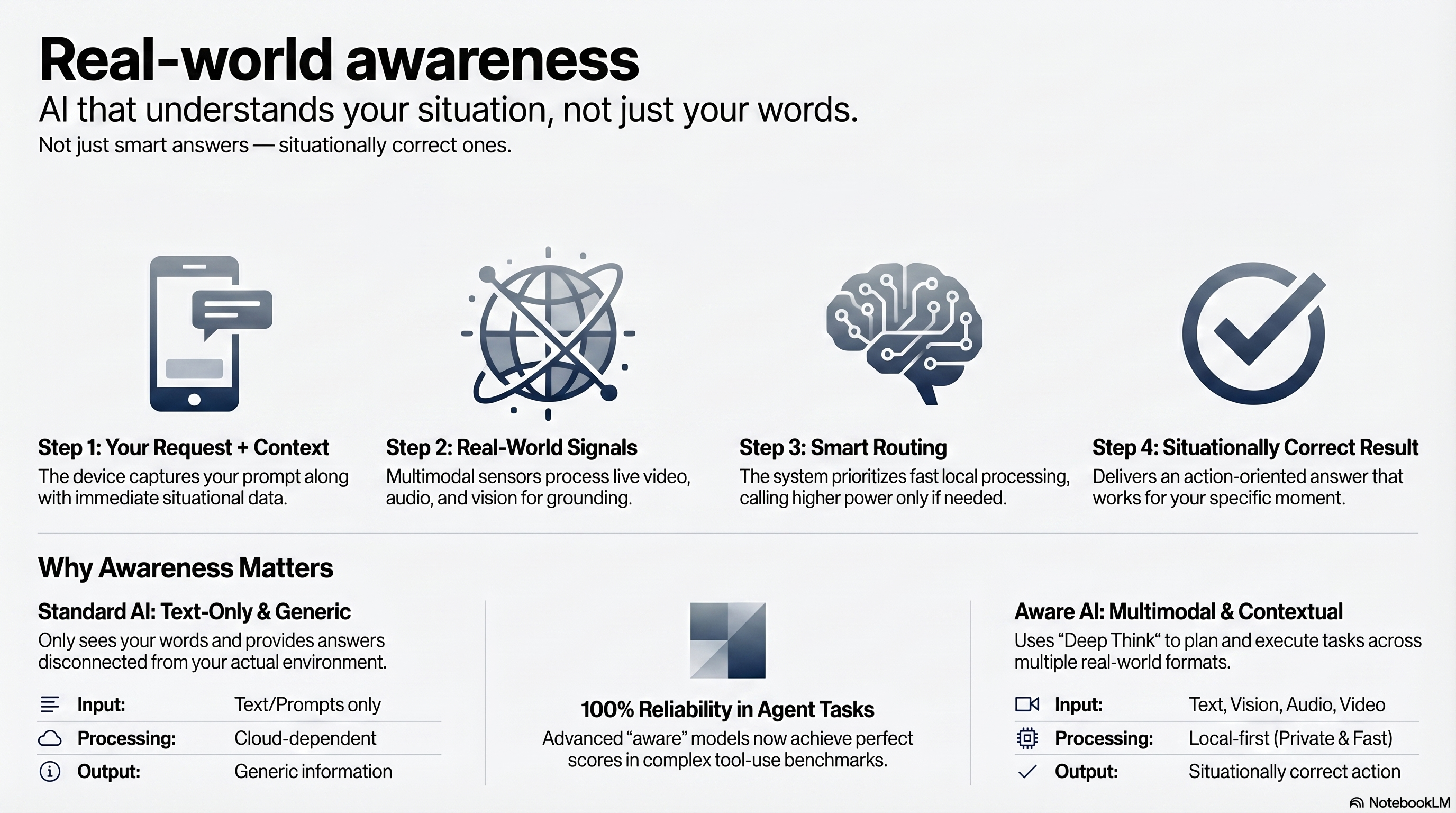 Diagram showing how real-world awareness turns device context and live signals into situationally correct answers.